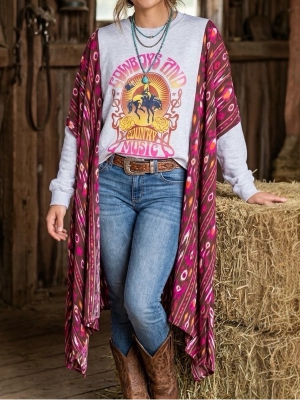 Western Boho Cowboys & Country Music Upcycled Sweatshirt Kimono